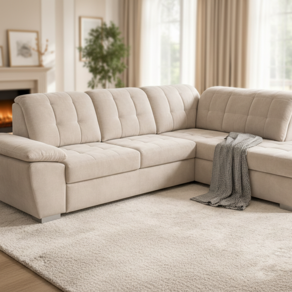 Canapé D’angle Convertible En Velours Beige Avec Coffre Et Lit Intégré
